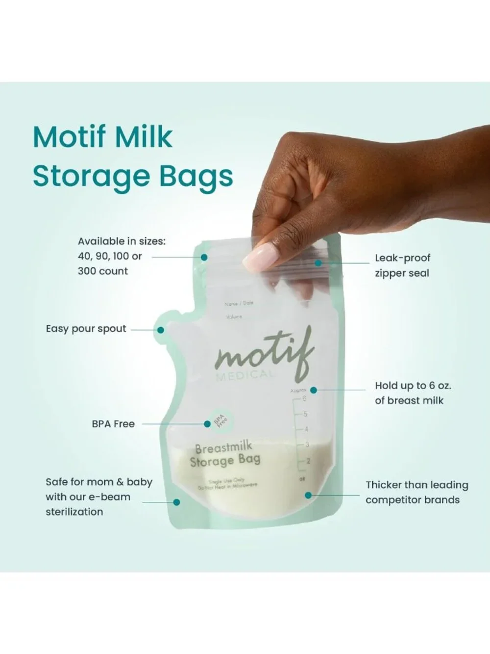 Breastmilk Storage Bags with Easy Pour Spout - Leak-Proof Freezer Bags, 100